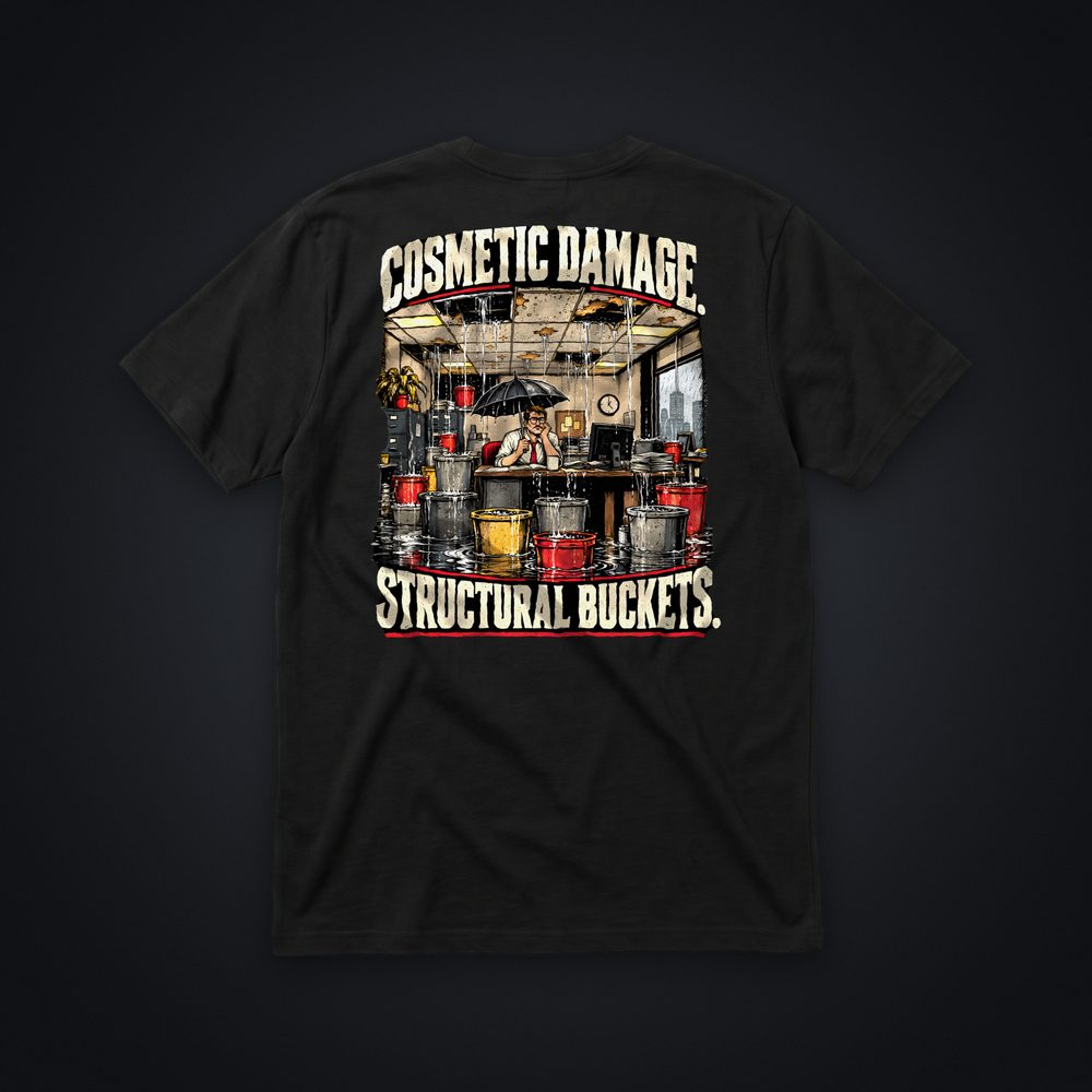 Cosmetic Damage Structural Buckets Tee, black tee, back print
