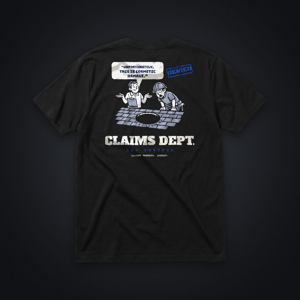 Cosmetic Damage Claims Dept. Tee, black tee, back print