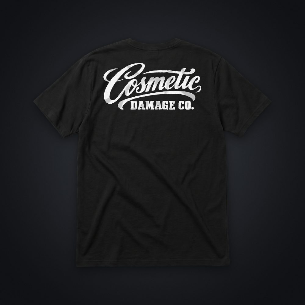 Cosmetic Damage Co. Logo Tee, black tee, back print