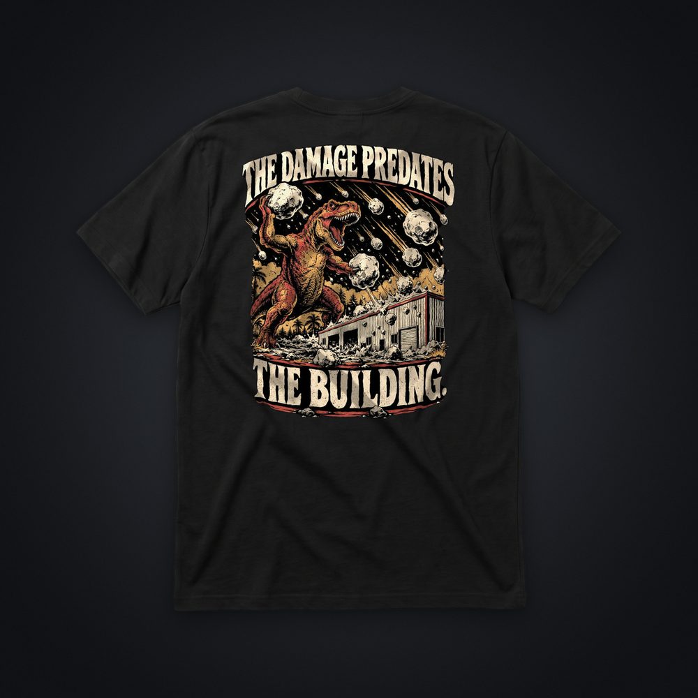 The Damage Predates The Building Tee, black tee, back print